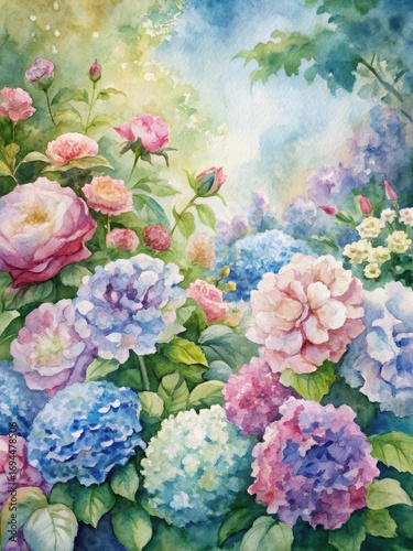 Wallpaper Mural Colorful watercolour painting of peonies and hydrangeas in a beautiful garden setting seamless Torontodigital.ca
