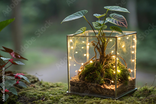 Fresh green mint leaves growing in a clear glass bottle of water