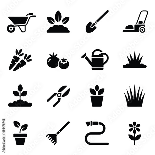 Set of 16 vector icons illustrating gardening tools plants and supplies for eps design silhouette vector white background