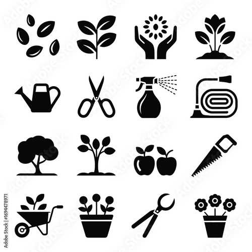 Collection of 16 scalable vector garden and plant care icons for eps download silhouette vector white background