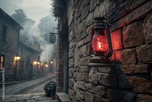 A single red lantern glows brightly in the dark city street, its light illuminating a passing car on a snowy evening