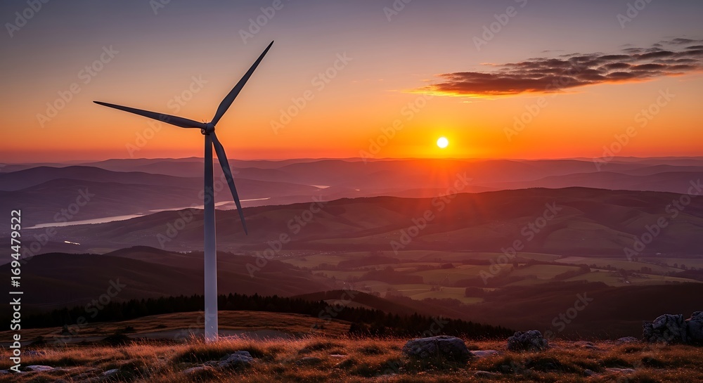 Fototapeta premium Wind turbine on a hill at sunset with mountains in the background and a bright orange sky above it all