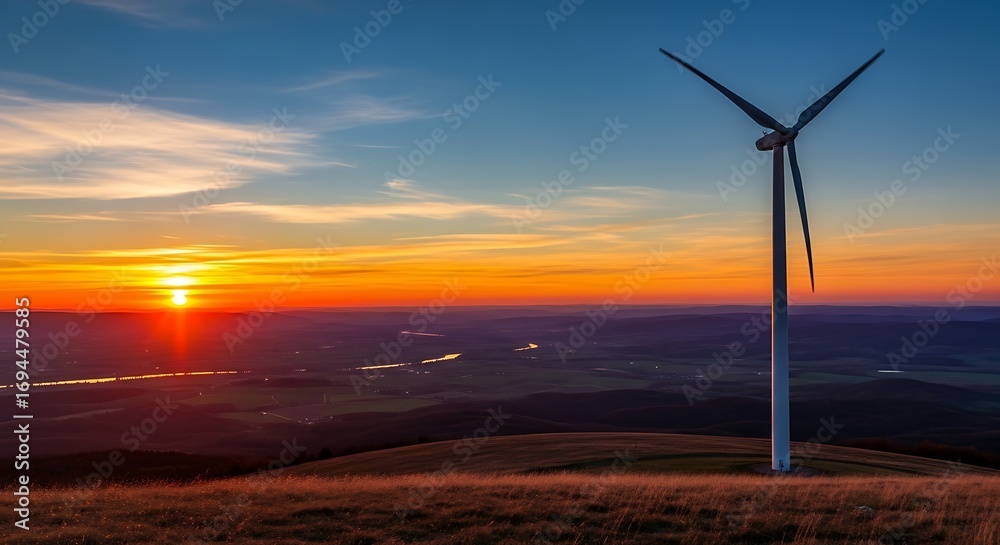 Obraz premium A wind turbine on a hill at sunset with a colorful sky and distant landscape under a gradient sky view