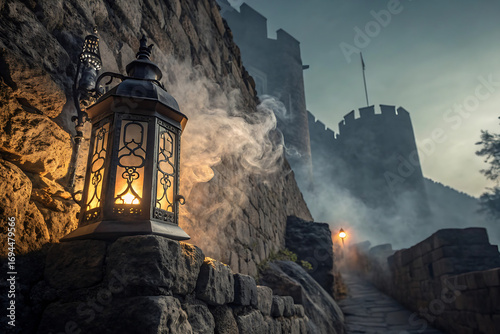A dark and spooky European castle tower at sunset with clouds and a haunted sky