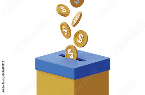 Financial contribution concept with golden dollar coins flowing into a collection box, symbolizing investment, savings, and charitable giving efforts