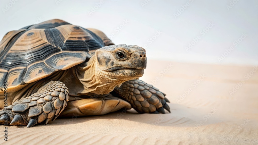 Obraz premium A close-up of a desert tortoise's face with wrinkled skin and a long neck in a sandy environment
