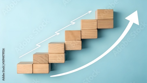 Path to Progress – Step-by-Step Growth and Accelerated Success, Conceptual, Abstract, Business, White Arrows, Wooden Blocks