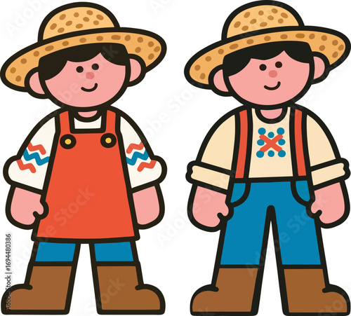 Illustration of a Cute Farmer with a Straw Hat and Traditional Clothes