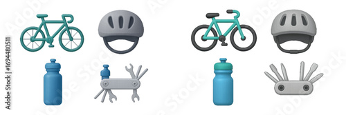 Collection of 3D cycling equipment icons including bicycle, safety helmet, water bottle, and repair multi-tool isolated on a white background