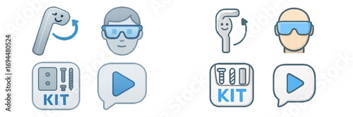 Icon set for DIY projects and technology featuring a tool kit, person with goggles, video tutorial button, and a friendly tool character