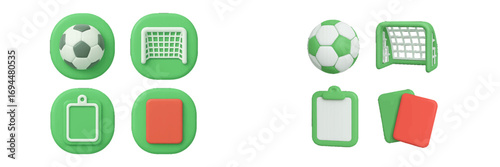 Soccer sport equipment set with football, goal, clipboard, and penalty card for user interface and web design