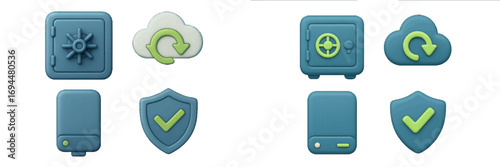 3D security icon set with safe, cloud backup, data storage, and protection shield for web and mobile applications