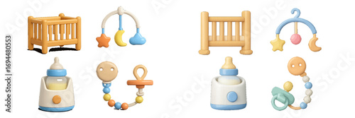 Collection of newborn baby care icons including a crib, hanging mobile toy, bottle warmer, and pacifier clip