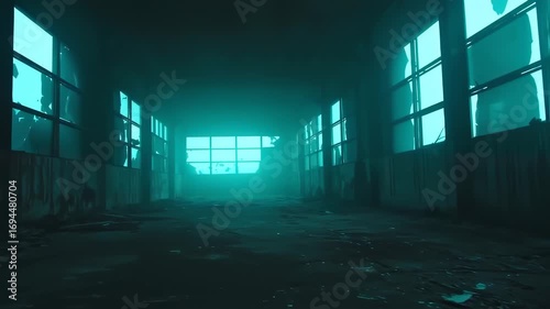 Eerie turquoise light in the ruined industrial building, decayed and abandoned factory hallway