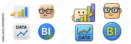 Set of business intelligence and data analysis icons with charts, graphs, and analyst characters for UI and presentation design