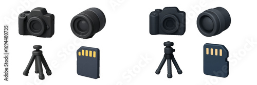 Set of 3D photography equipment icons including camera, lens, tripod, and memory card isolated on a white background