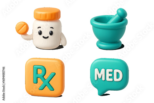 Pharmacy and medicine icon collection featuring a pill bottle character, mortar and pestle, and Rx prescription symbol for healthcare applications