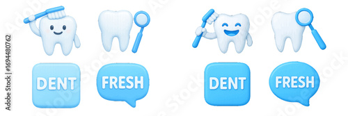 Set of 3D dental icons featuring a cute tooth character brushing teeth with a toothbrush for promoting oral hygiene and fresh breath