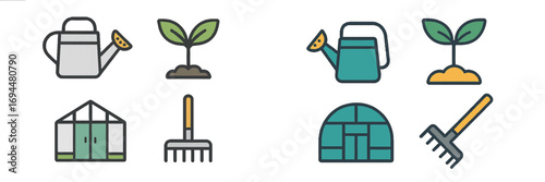 Gardening tools and plant care symbols including a watering can, sprout, greenhouse, and rake for agriculture concepts
