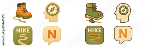 Set of hiking and navigation icons with compass, boot, and path symbols for outdoor adventure and trekking apps