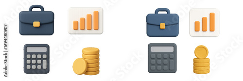 3D business finance icon set with briefcase, calculator, growth chart, and coins for financial concepts and data analysis