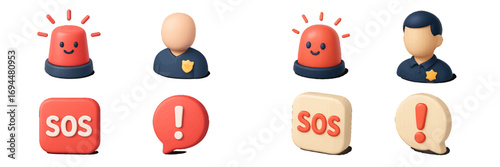 Collection of emergency service icons featuring a police officer, flashing siren, SOS button, and important warning message