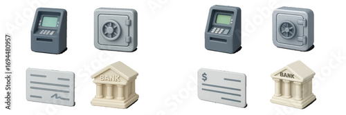 3D banking and finance icon set with ATM machine, safe, bank check, and building isolated on a white background