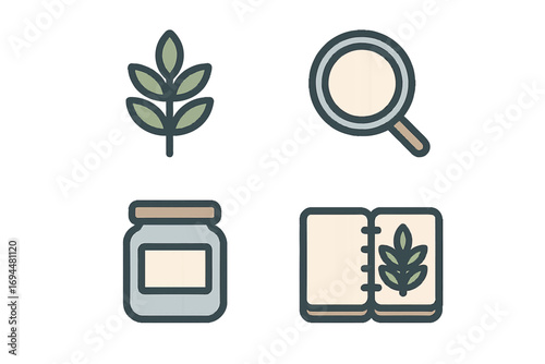 Botany and herbalism icon set with magnifying glass for research, a plant specimen book, and a jar for natural organic products