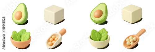 Set of 3D healthy food icons with avocado, tofu, spinach, and soybeans for vegan and vegetarian diets isolated on a white background