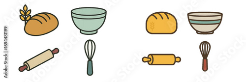 A detailed assortment of essential baking ingredients and kitchen tools like fresh bread, mixing bowls, rolling pins, and whisks for homemade recipes