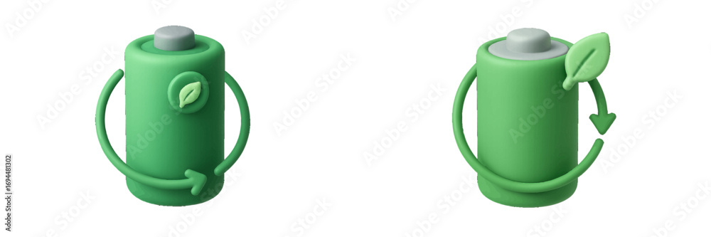 Obraz premium 3D green battery icon with leaf and recycling arrow for renewable energy and sustainable power concept isolated on white background