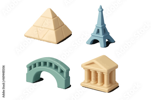 Isometric 3D icons representing global travel with famous world landmarks like a classical temple, pyramid, and arched bridge