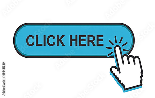 Dynamic 'Click Here' button graphic with pointing hand cursor, an essential interactive element for web user interfaces and digital calls to action, driving online engagement
