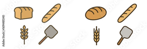 Set of bakery and bread icons including loaf, baguette, wheat stalk, and baker's peel for food and cooking themes
