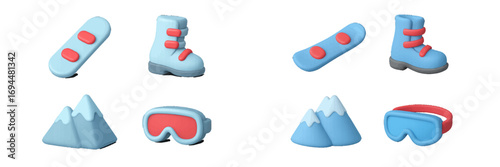 3D snowboarding equipment icon set with snowboard, boot, goggles, and mountains for winter sports and recreation