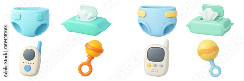3D baby care icon set with diaper, wet wipes, rattle, and baby monitor for newborn essentials and childcare concepts