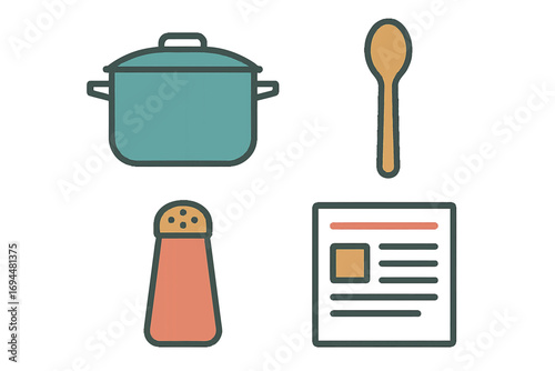 Cooking and recipe icon set with pot, spoon, salt shaker, and recipe card isolated on a white background