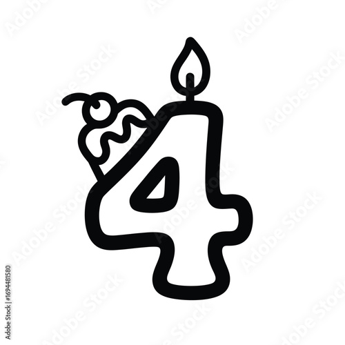 Hand drawn outline of a birthday candle shaped like the number four