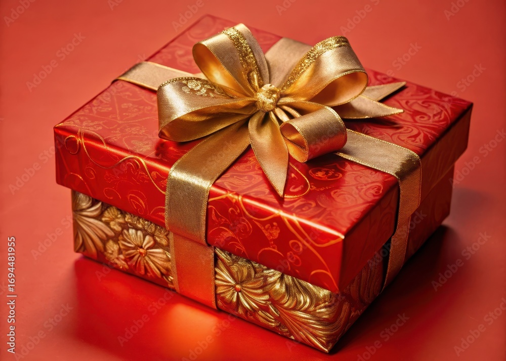 Obraz premium Luxurious gift box with ornate gold ribbon tied in a bow on a vibrant red background