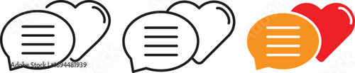 Love chat icons with speech bubbles and hearts in outline, solid, and color style. Perfect for dating apps, romantic messages, social media likes, and digital communication design projects.