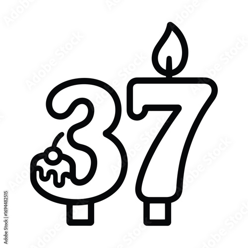 Outline of number 37 birthday candle with flame and dripping frosting