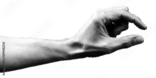 human hands holding small gesture with halftone effect monochrome image of hands gestures. paper clipping shapes cut out modern retro vector illustration on transparent