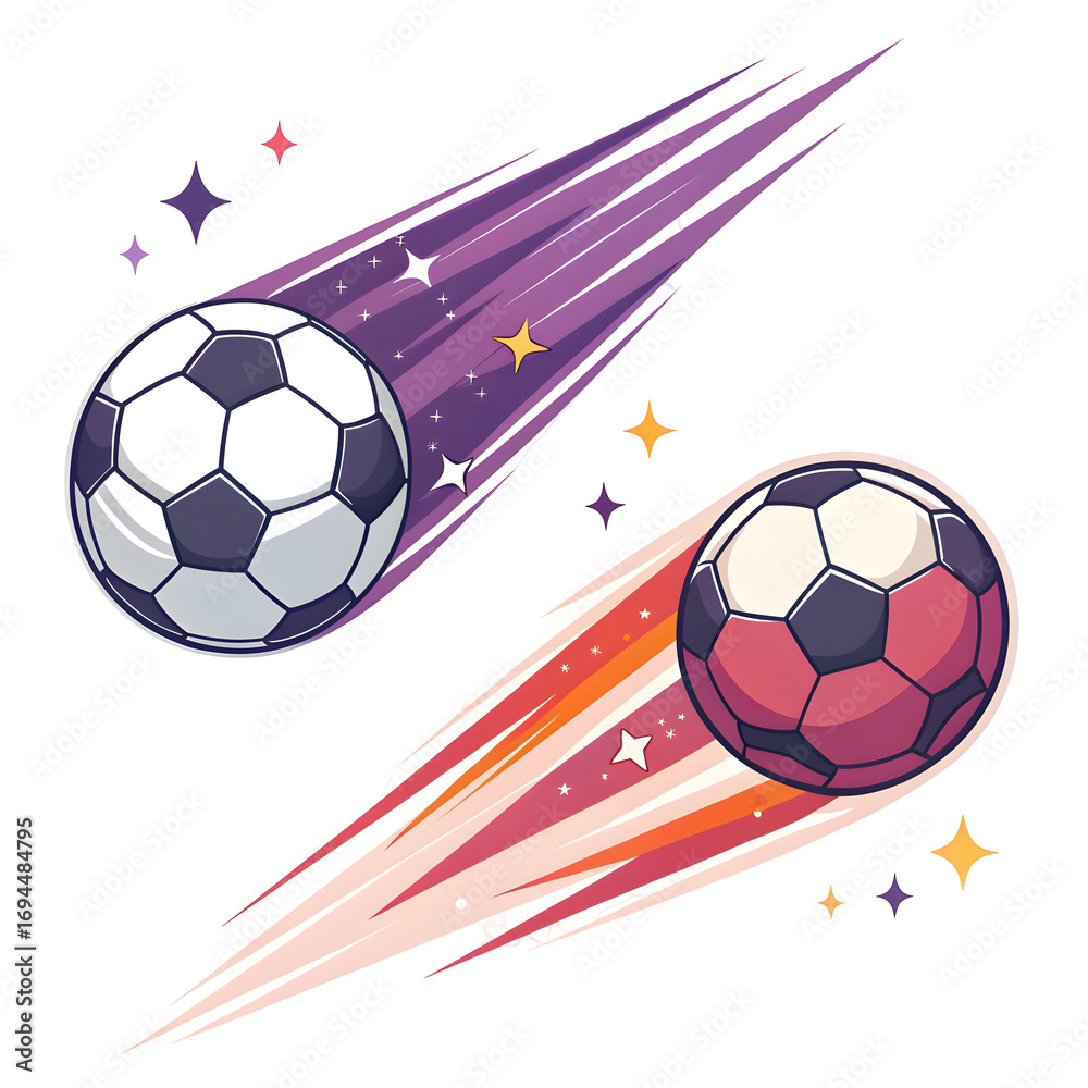Naklejka premium Two soccer balls flying fast with a trail of light isolated on transparent background soccer ball with motion trail football with speed effect sport concept