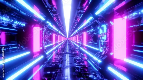 Futuristic Tunnel with Glowing Neon Lights, Abstract Techno Corridor Motion Background