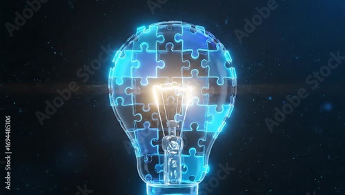 Puzzle pieces forming a glowing light bulb, symbolizing an idea