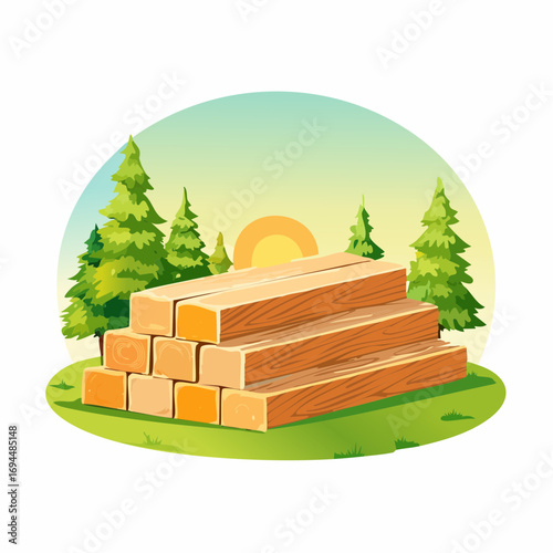 Stack of Wooden Lumber in a Forest Clearing at Sunset