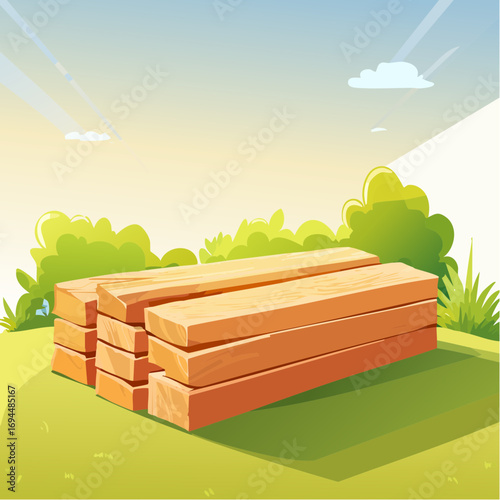 Stack of Wooden Planks in a Sunny Meadow