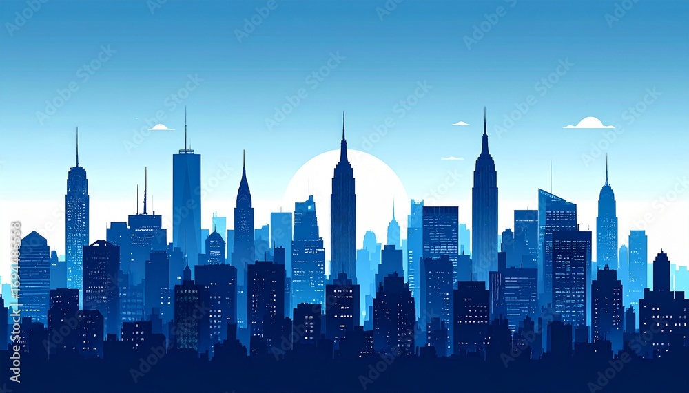 Obraz premium Flat design illustration of a blue and white city skyline silhouette, featuring tall skyscrapers and modern buildings, representing urban life and cityscape themes with a clean, minimalist style