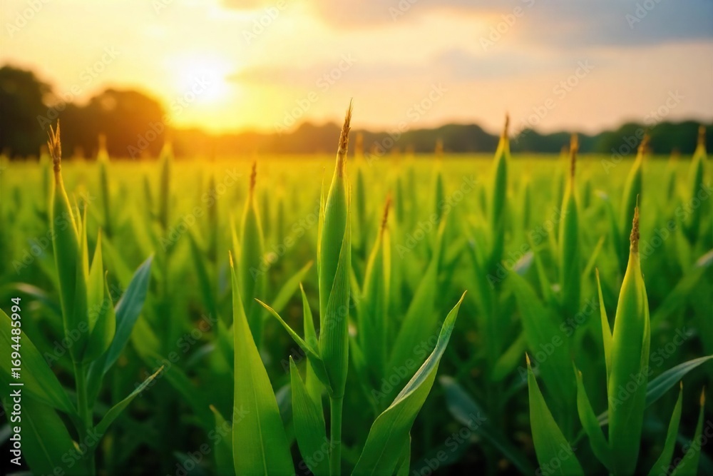Fototapeta premium Golden hour sunlight bathes lush green corn stalks, heavy with ripening ears, in a vast summer field A vibrant scene of abundant summertime agriculture , sun, harvest time