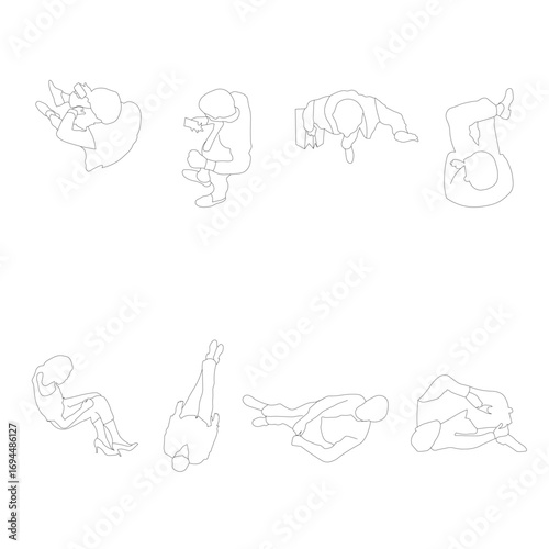 Vector set of 8 people in minimsl line srt style, seen from top view.
